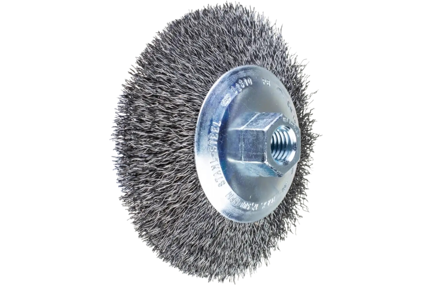 Picture of Pferd Crimped Wire Bevel Brush 4-1/2" Dia. .014 Carbon Steel 5/8-11" Thread